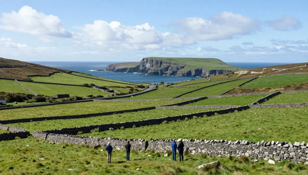 Rolling green Irish countryside with stone walls and coastal cliffs meeting the Atlantic Ocean
