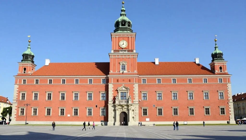 Royal Castle facade in Warsaw Old Town with its distinctive red brick architecture and clock tower