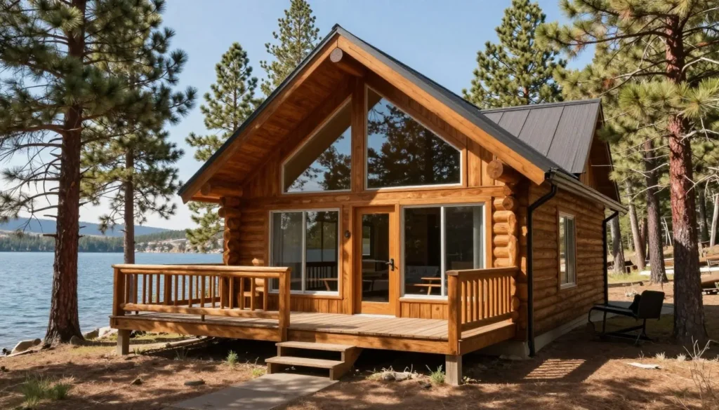 Rustic lakeside cabin with wooden deck overlooking Panguitch Lake through pine trees Rustic lakeside cabin with wooden deck overlooking Panguitch Lake through pine trees