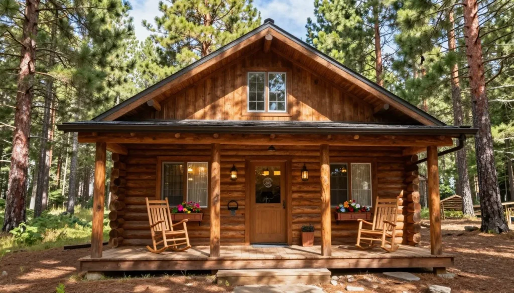 Rustic mountain cabin among pine trees