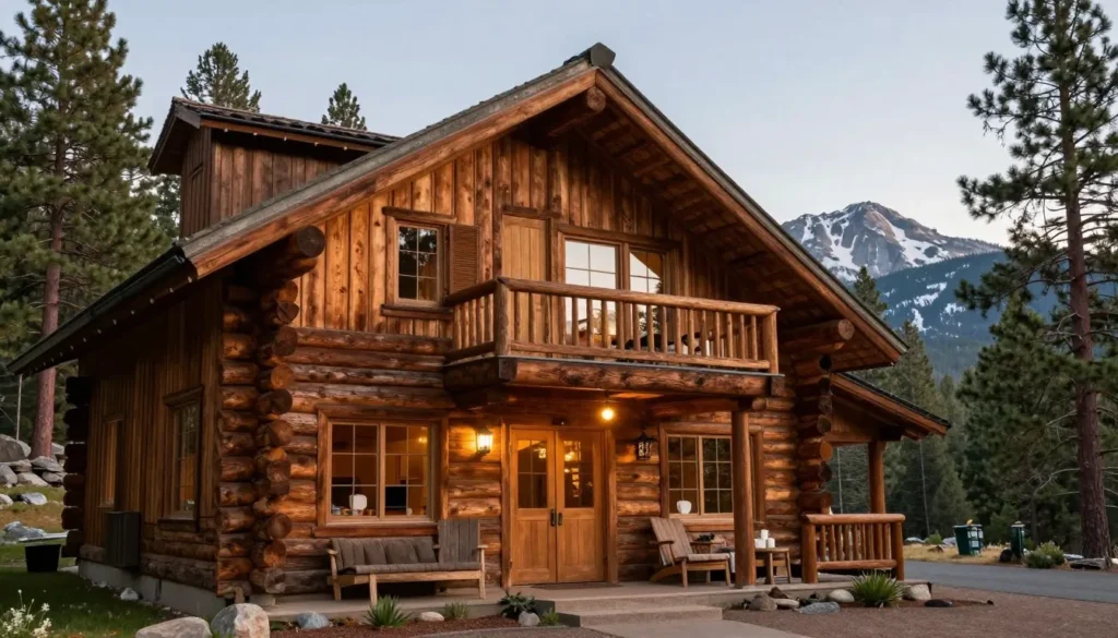 Rustic mountain cabin near pine forest with mountain views