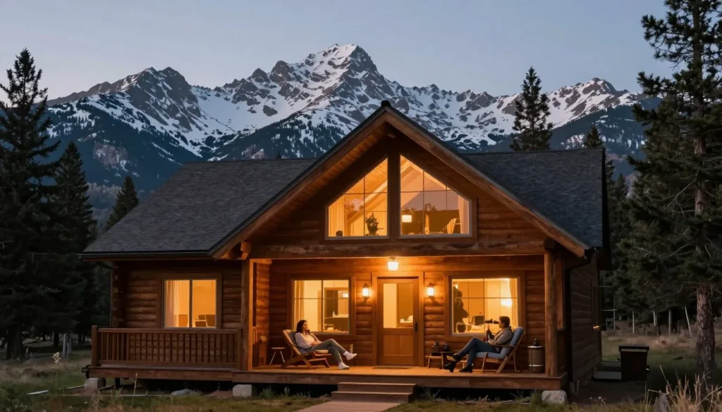 Rustic mountain cabin with La Sal Mountains peaks in background Rustic mountain cabin with La Sal Mountains peaks in background