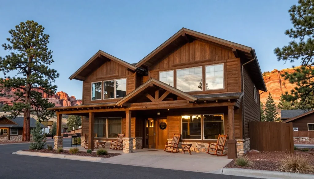 Rustic mountain lodge exterior with welcoming entrance and scenic backdrop Rustic mountain lodge exterior with welcoming entrance and scenic backdrop