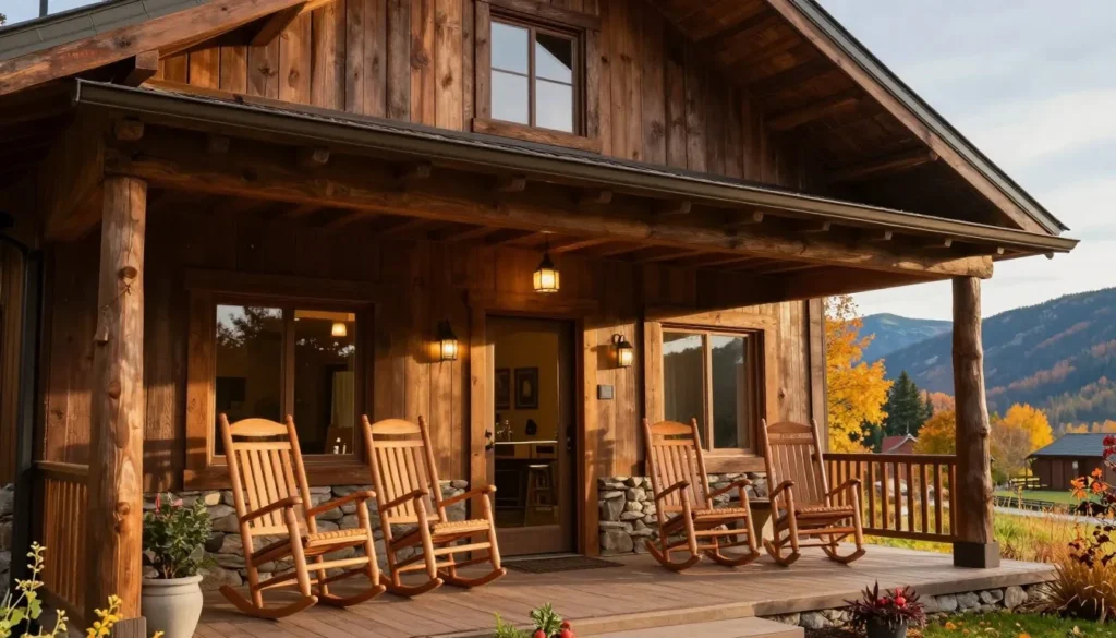 Rustic mountain lodge with rocking chairs on porch Rustic mountain lodge with rocking chairs on porch