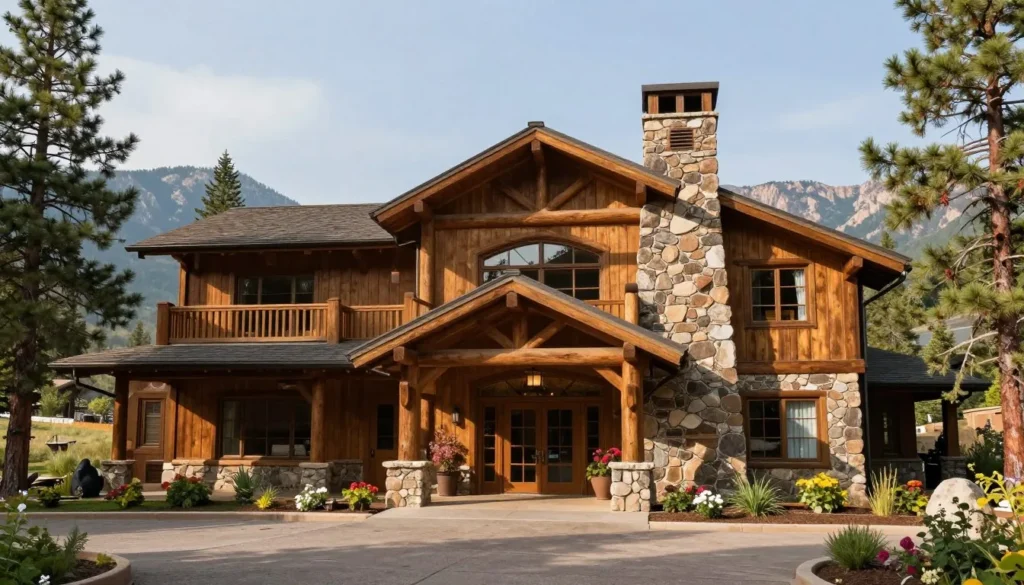 Rustic mountain lodge with wooden exterior nestled among pine trees
