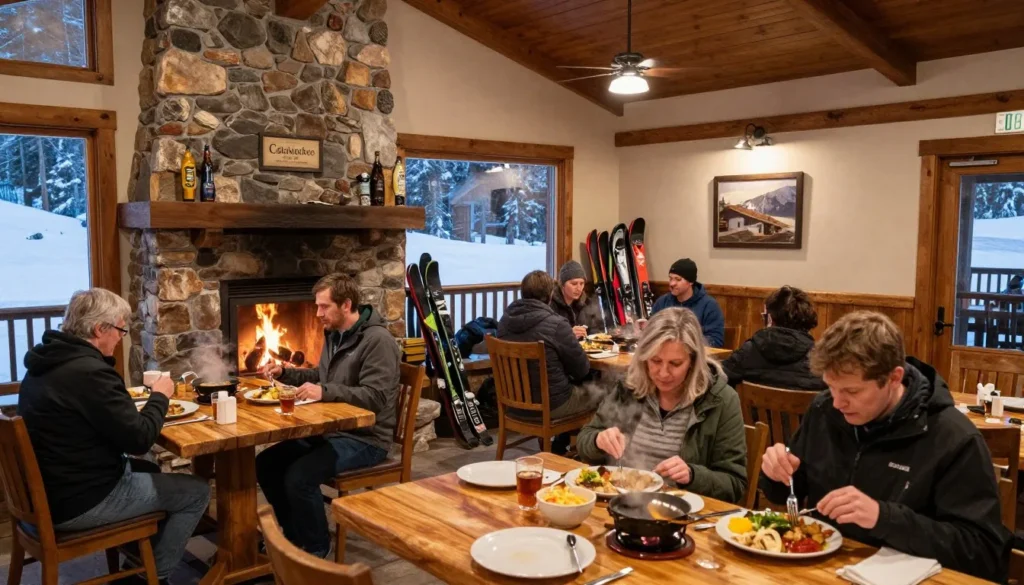 Rustic mountain restaurant interior with stone fireplace and wooden tables Rustic mountain restaurant interior with stone fireplace and wooden tables