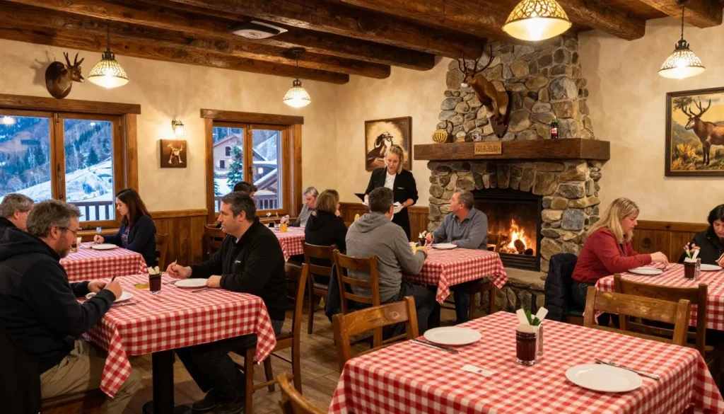 Rustic restaurant interior in Colorado mountain town with wooden tables, stone fireplace, and mountain-themed decor Rustic restaurant interior in Colorado mountain town with wooden tables, stone fireplace, and mountain-themed decor