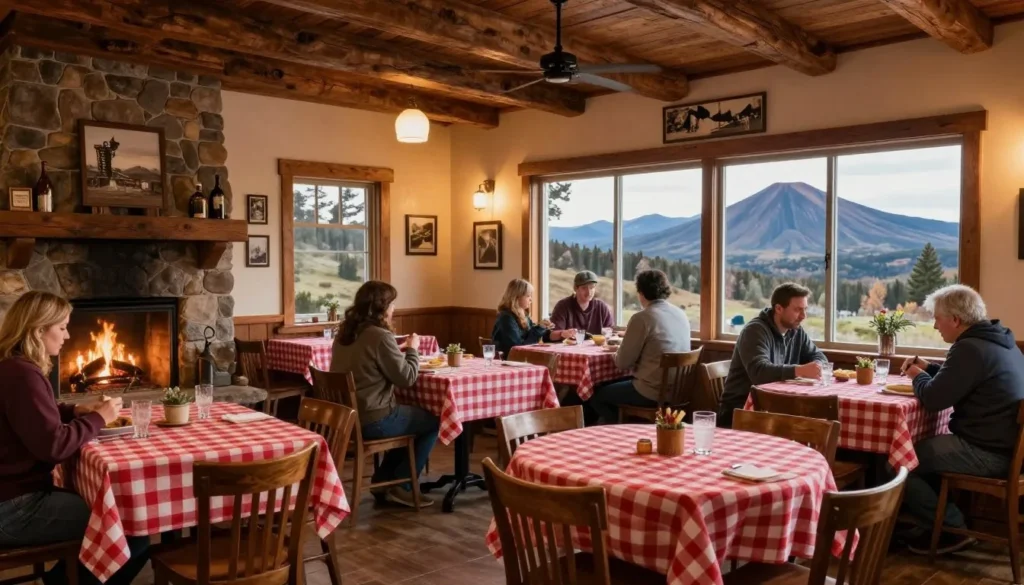 Rustic restaurant interior with mountain view Rustic restaurant interior with mountain view