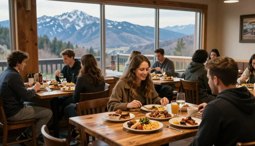 Rustic restaurant interior with mountain view in Lamoille area