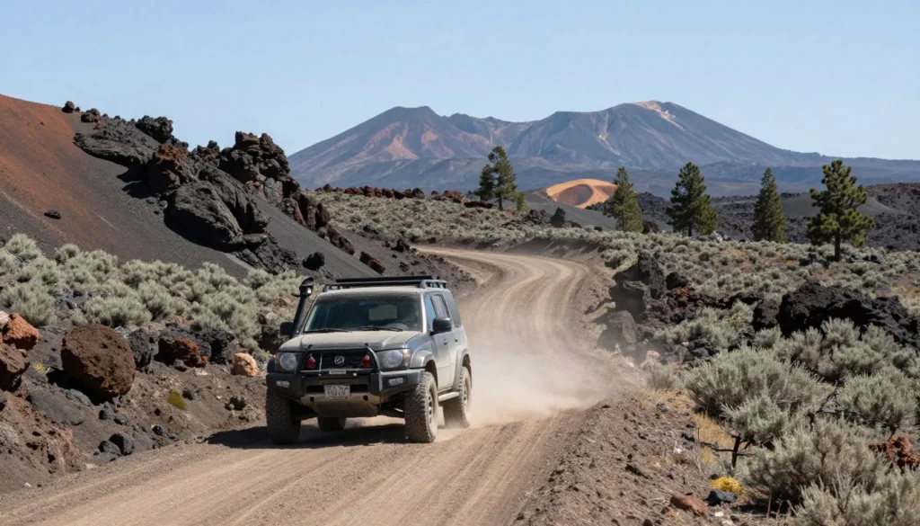 SUV on dirt road through volcanic landscape SUV on dirt road through volcanic landscape
