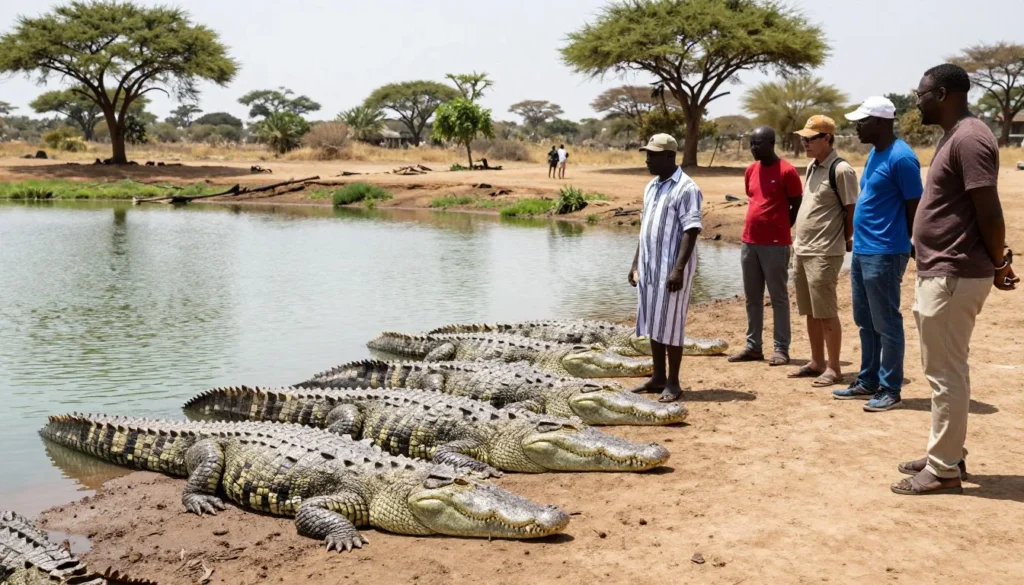 Sacred crocodiles at Bazoulé pond with local guide and small group of diverse tourists observing Sacred crocodiles at Bazoulé pond with local guide and small group of diverse tourists observing