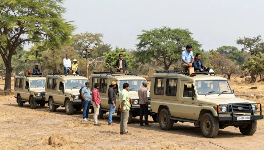 Safari vehicles at Ranthambore National Park entrance area with tourists preparing for wildlife tour