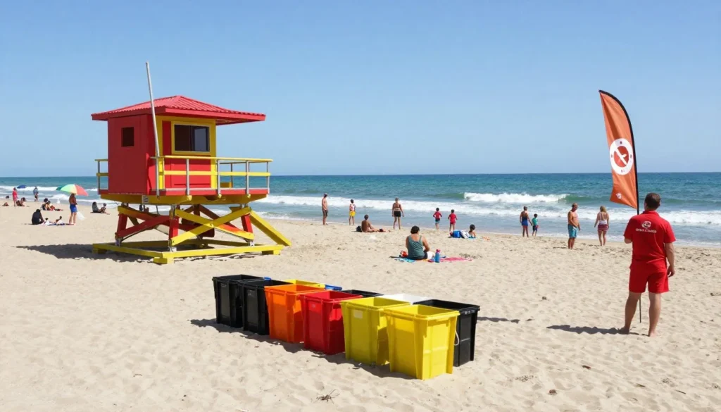 Safe family-friendly beach scene at Jaco with lifeguard tower visible