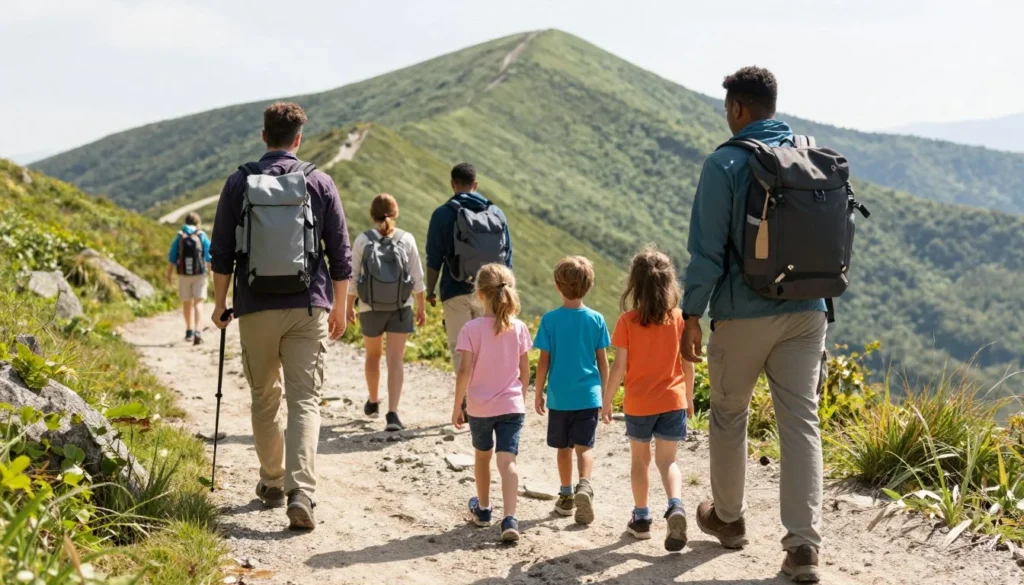 Safe mountain hiking family on trail Tennessee Safe mountain hiking family on trail Tennessee