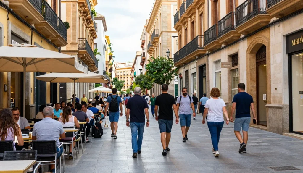 Safe pedestrian street in Malaga with diverse locals and tourists