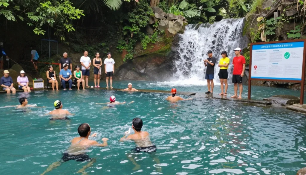 Safe swimming practices demonstration at mountain waterfall pool Safe swimming practices demonstration at mountain waterfall pool