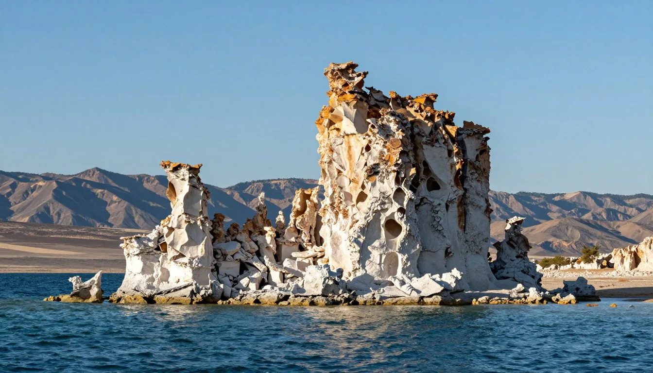 Sail Rock Pyramid Lake Nevada dramatic tufa formation rising from turquoise desert waters