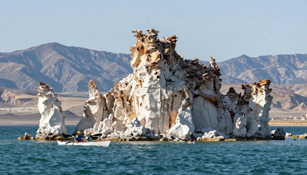 Sail Rock tufa formation at Pyramid Lake Nevada with kayakers Sail Rock tufa formation at Pyramid Lake Nevada with kayakers