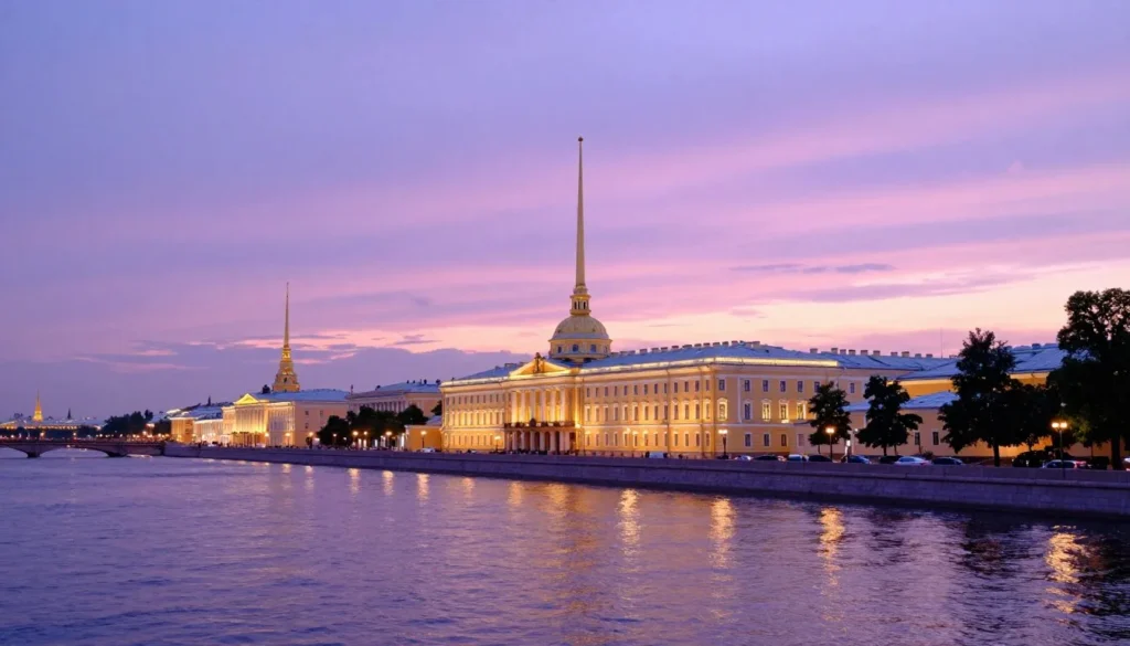Saint Petersburg during white nights showing the historic city center bathed in the soft twilight glow with the Neva River reflecting the late evening sky Saint Petersburg during white nights showing the historic city center bathed in the soft twilight glow with the Neva River reflecting the late evening sky