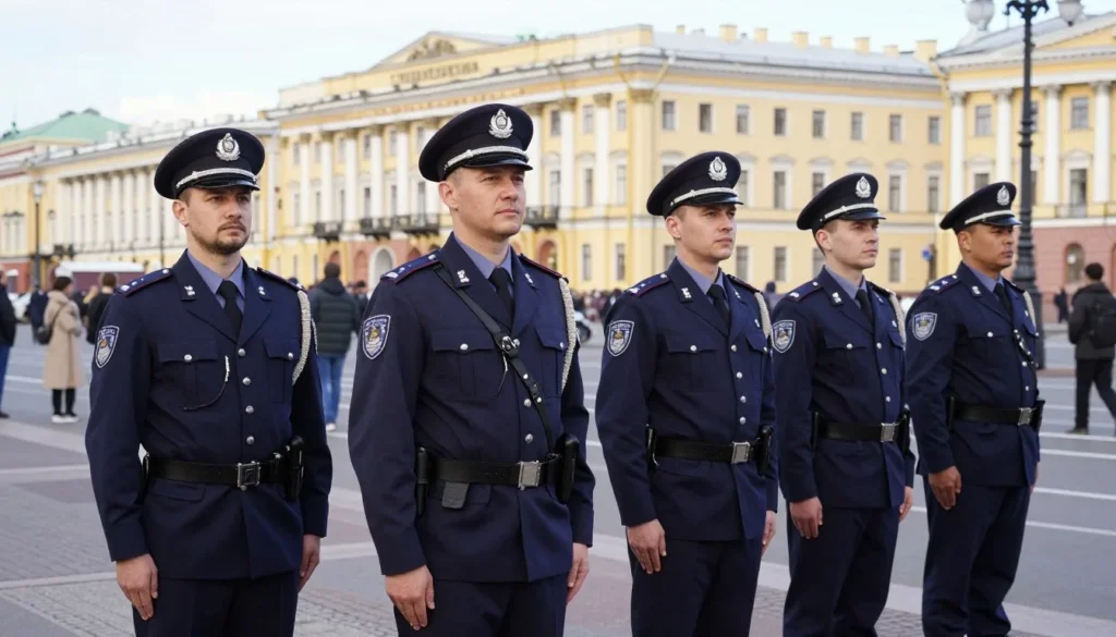 Saint Petersburg police officers in uniform standing near a tourist area providing security presence Saint Petersburg police officers in uniform standing near a tourist area providing security presence
