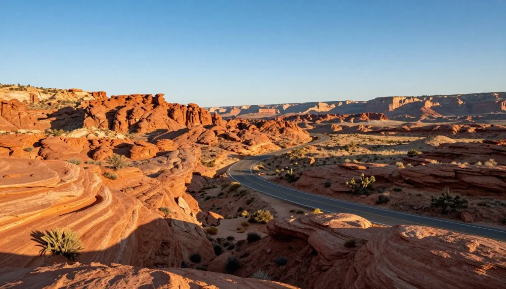 San Rafael Swell desert landscape with winding road leading to canyon areas San Rafael Swell desert landscape with winding road leading to canyon areas