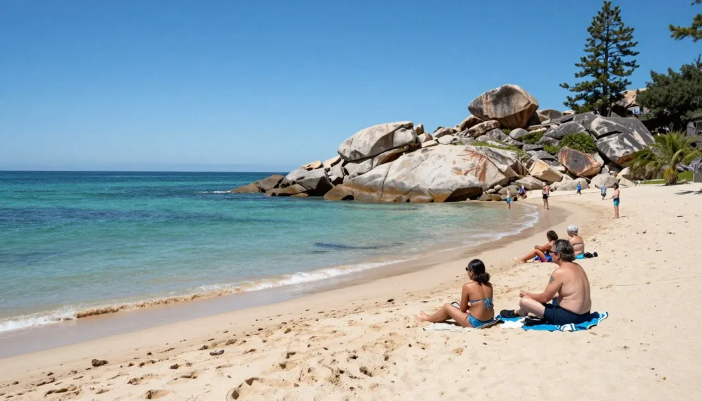Sand Harbor Beach in summer with visitors enjoying the clear water