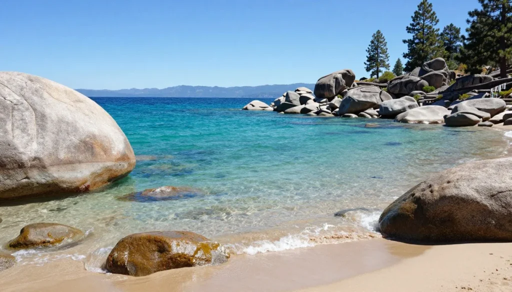Sand Harbor beach with turquoise water and granite boulders