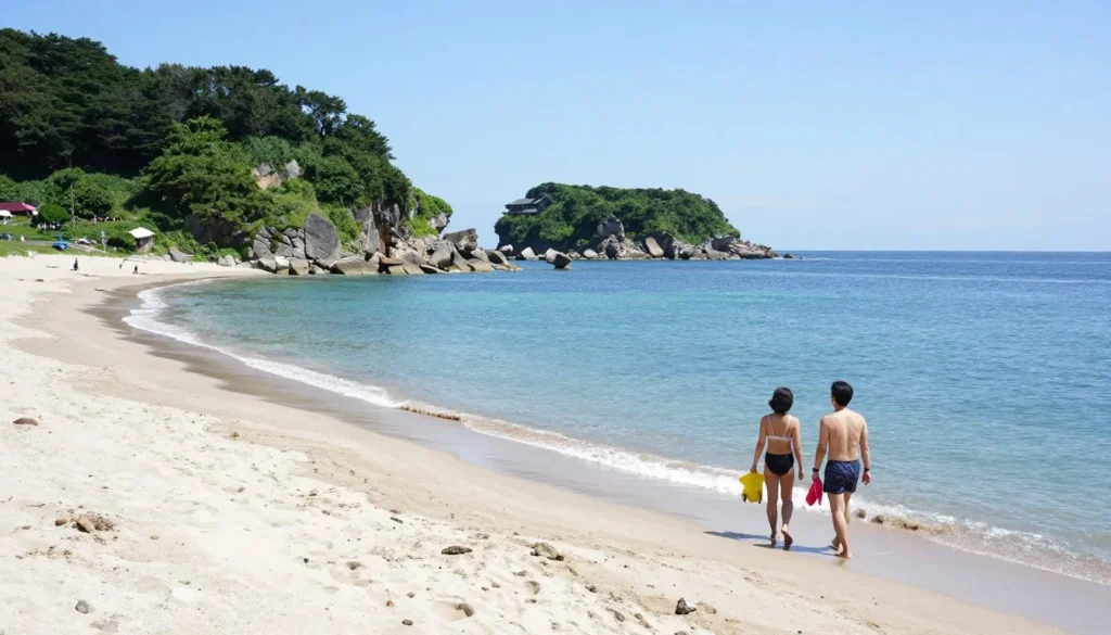 Sandy beach in Oita with clear water and two people enjoying seaside activities Sandy beach in Oita with clear water and two people enjoying seaside activities