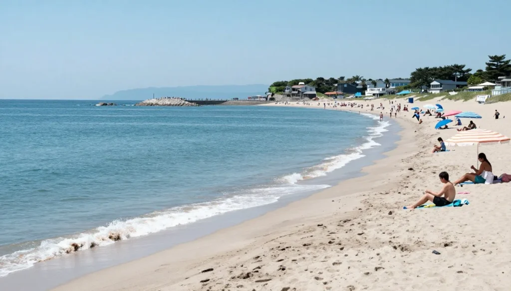 Sandy beach with gentle waves and beachgoers enjoying the sun