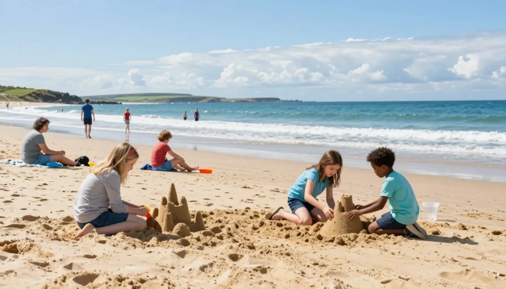 Sandy beach with gentle waves and families enjoying a sunny day