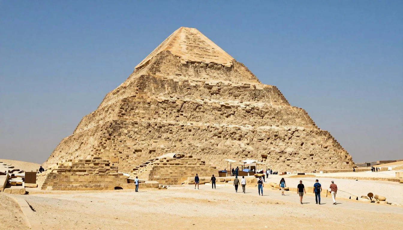 Saqqara step pyramid complex with ancient stone structures under clear blue Egyptian sky