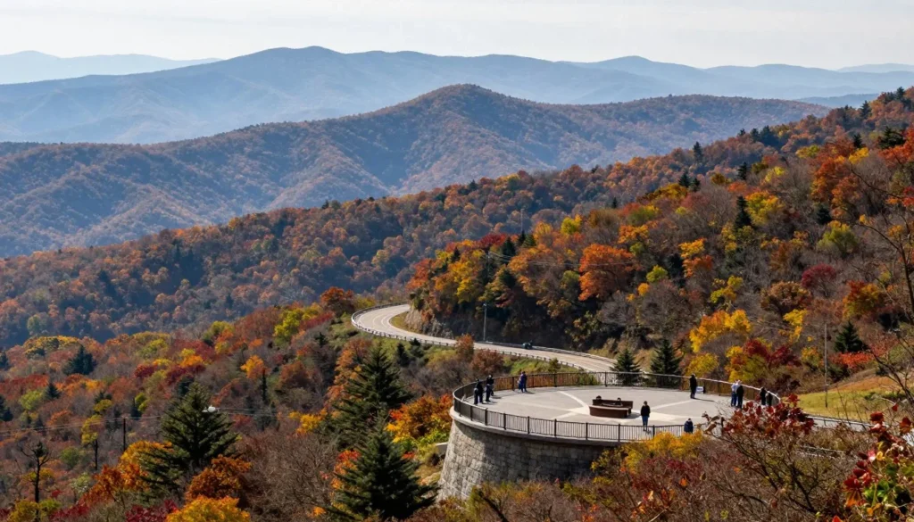 Scenic Blue Ridge Parkway overlook with mountain ranges extending into distance Scenic Blue Ridge Parkway overlook with mountain ranges extending into distance