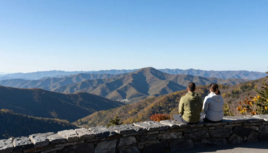 Scenic Blue Ridge Parkway overlook with mountain vistas stretching to horizon Scenic Blue Ridge Parkway overlook with mountain vistas stretching to horizon