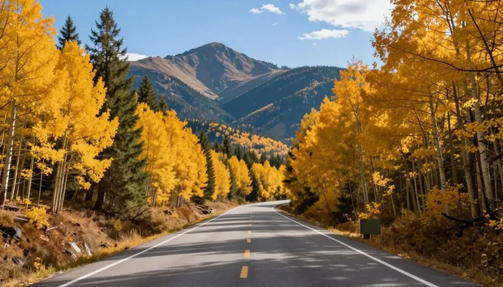 Scenic Colorado mountain highway winding through autumn forest with colorful foliage Scenic Colorado mountain highway winding through autumn forest with colorful foliage