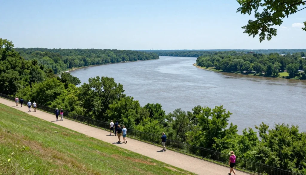 Scenic Mississippi River bluffs at Fort Pillow State Historic Park with wooded landscape Scenic Mississippi River bluffs at Fort Pillow State Historic Park with wooded landscape