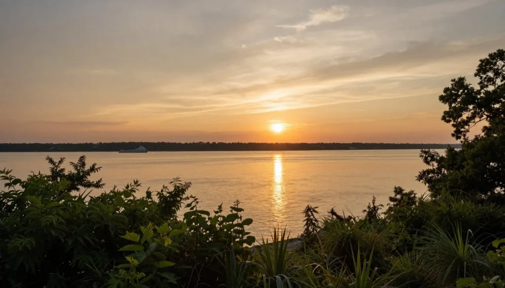 Scenic Mississippi River view from Fort Pillow bluffs at sunset Scenic Mississippi River view from Fort Pillow bluffs at sunset