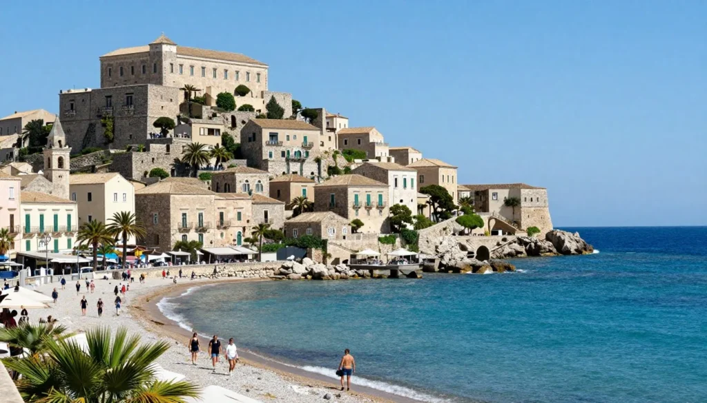 Scenic Sicilian coastal landscape with medieval architecture