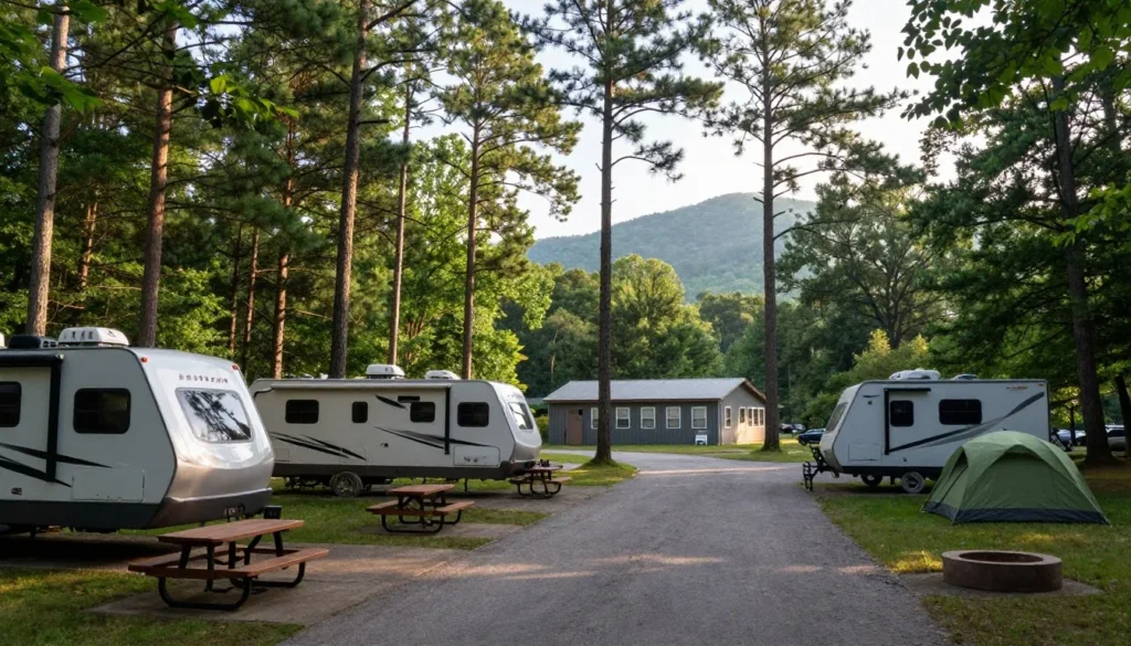 Scenic campground with RV and tent sites in mountain forest setting Scenic campground with RV and tent sites in mountain forest setting