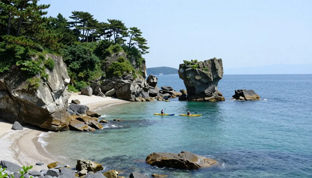 Scenic coastal cliff with rock formations and calm blue sea waters Scenic coastal cliff with rock formations and calm blue sea waters