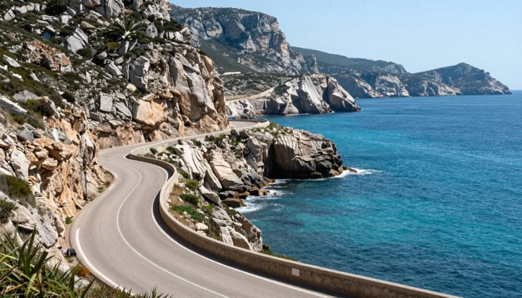 Scenic coastal road approaching Cadaques with Mediterranean views