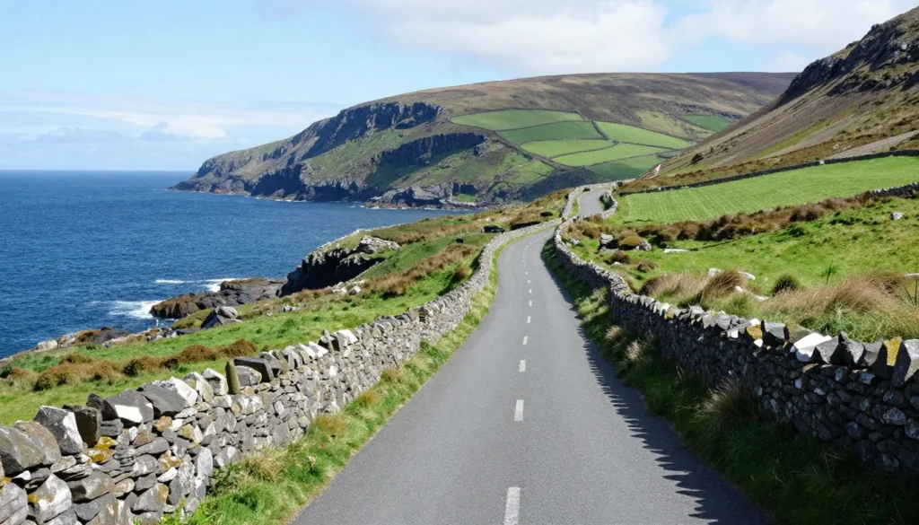 Scenic coastal road on Inishowen Peninsula winding along clifftops with ocean views