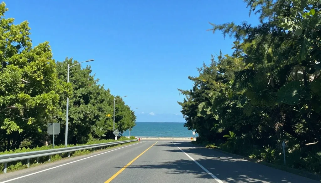 Scenic coastal road on Roanoke Island with waterfront views Scenic coastal road on Roanoke Island with waterfront views