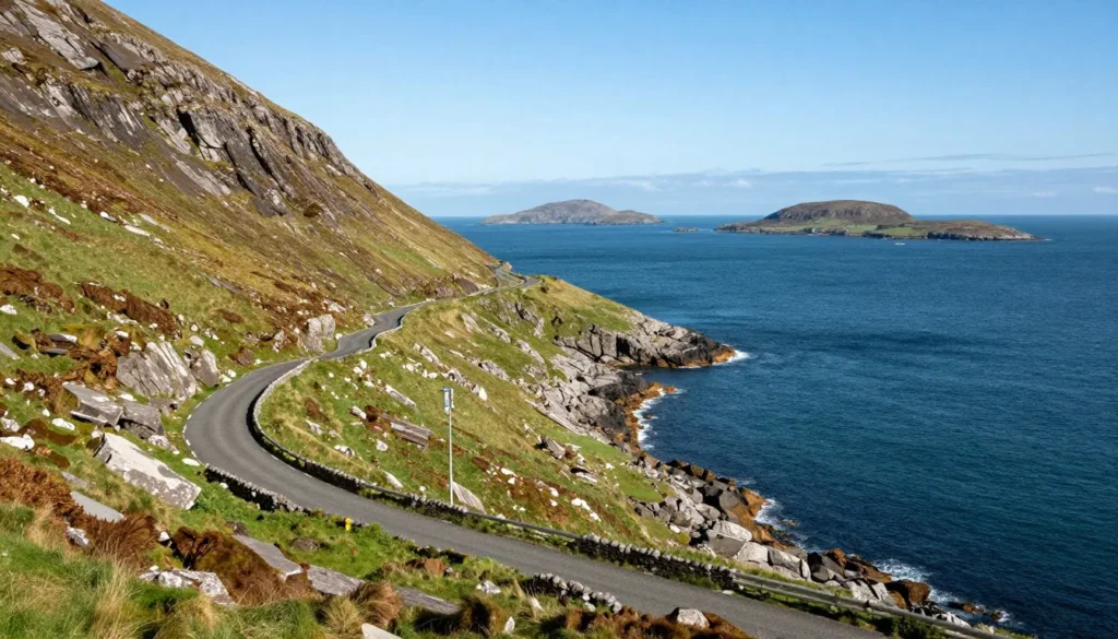 Scenic coastal road view along Ring of Kerry with ocean and mountains Scenic coastal road view along Ring of Kerry with ocean and mountains