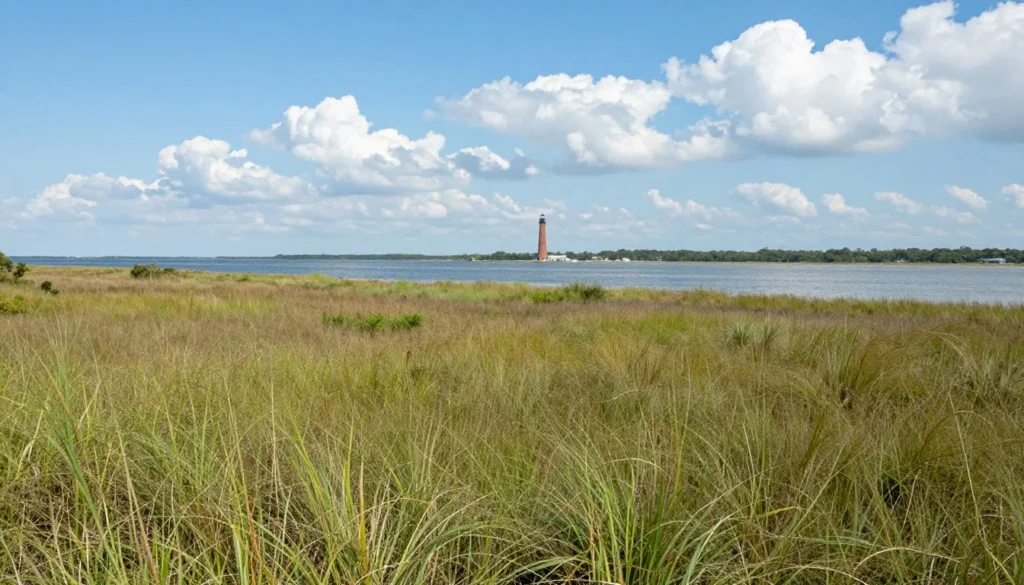 Scenic coastal view of Currituck Beach with lighthouse visible in distance and marsh grasses in foreground Scenic coastal view of Currituck Beach with lighthouse visible in distance and marsh grasses in foreground