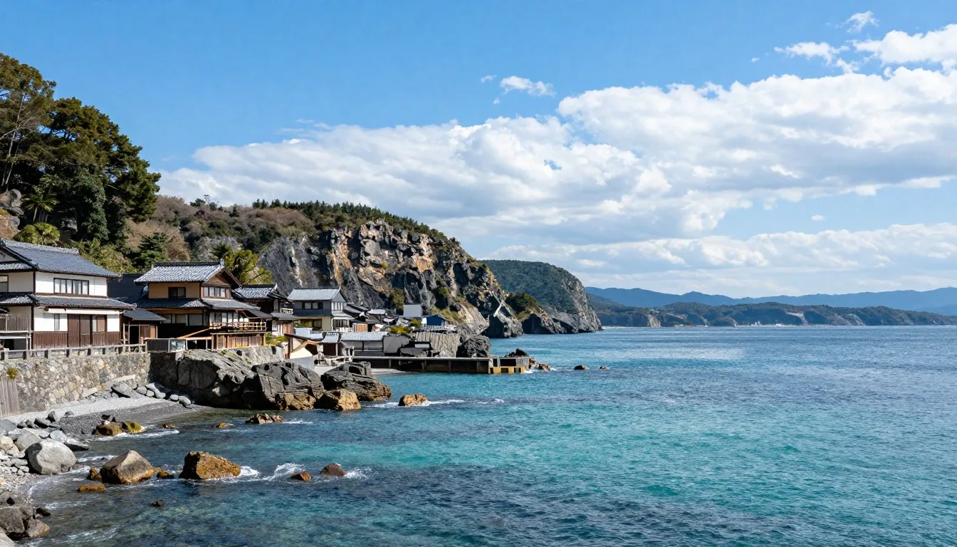 Scenic coastal view of Fukui Prefecture Japan with traditional architecture