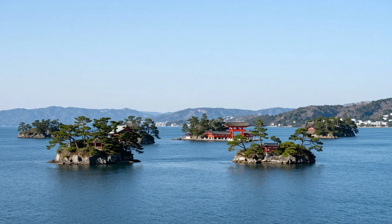 Scenic coastal view of Miyagi Prefecture with pine-covered islands in Matsushima Bay under clear blue skies