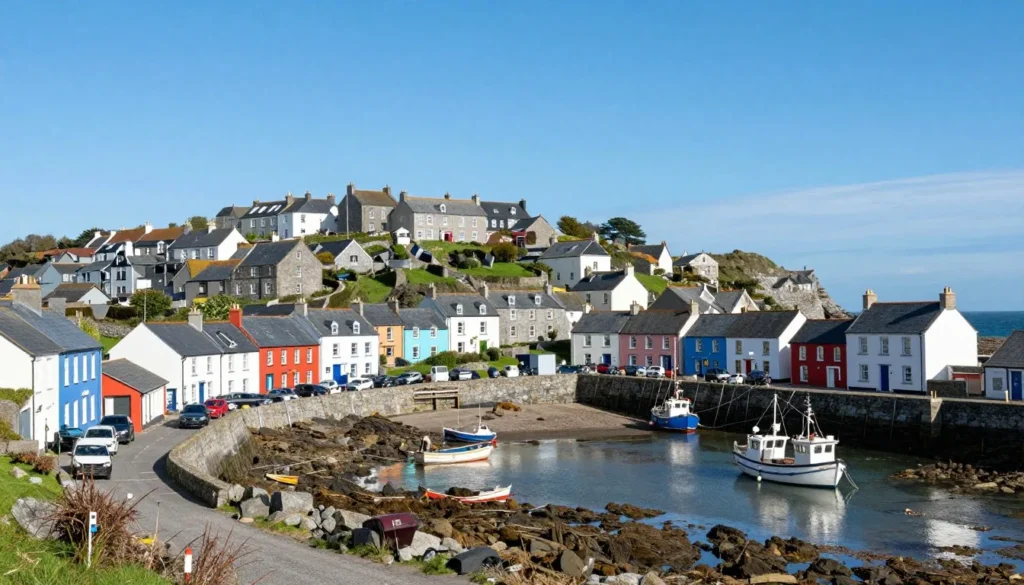 Scenic coastal village in County Waterford with colorful houses overlooking small harbor and boats