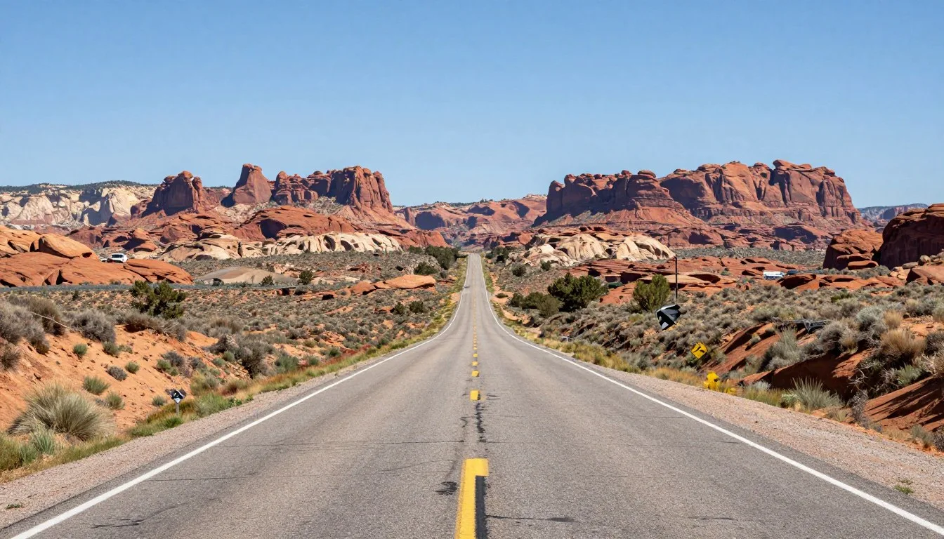 Scenic-desert-highway-approaching-Mexican-Hat-Utah-with-red-rock-formations Scenic desert highway approaching Mexican Hat Utah with red rock formations