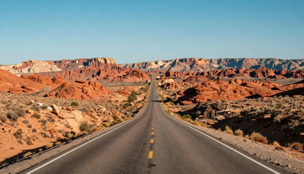 Scenic desert highway approaching Millsite State Park area with red rock formations