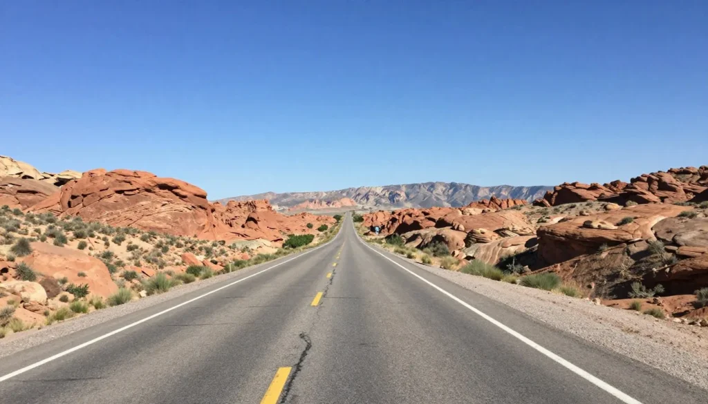 Scenic desert highway leading toward Monroe Utah with red rock formations and mountain backdrop